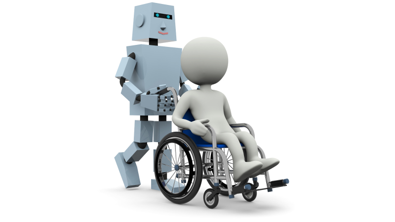 ロボットが車椅子に乗った人形を押している
