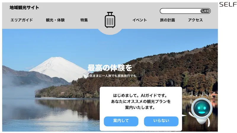 パソコン画面で、富士山の見える湖畔を背景に緑のロボットが「あなたにオススメの観光プランを案内いたします」と言っている