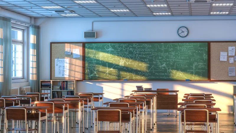 教室に机や椅子が並んでいて、黒板に様々な数式や図解が書かれている。