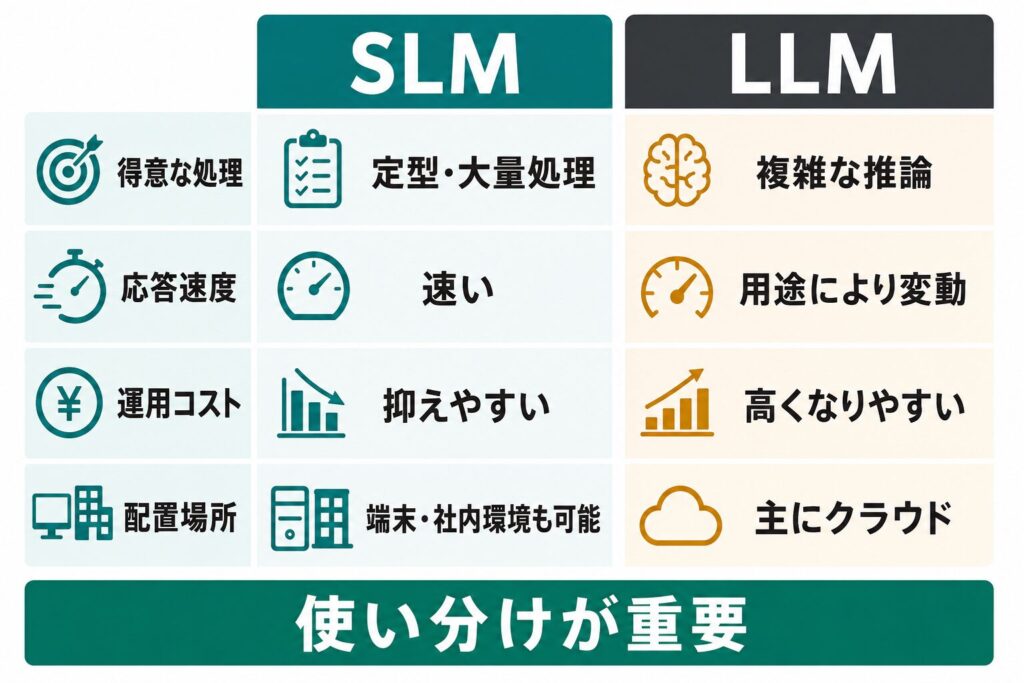 SLMとLLMを得意な処理、速度、コスト、配置場所で比較した図