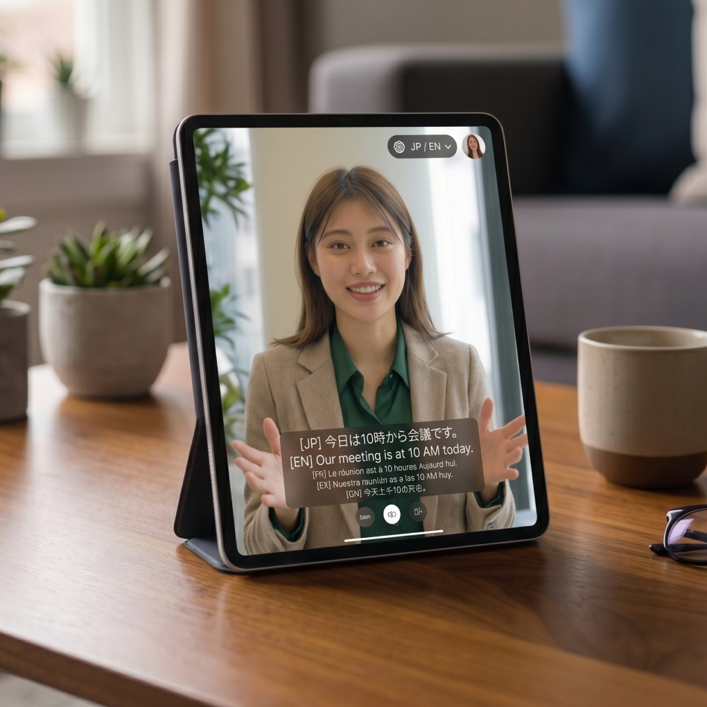 タブレットに表示されたAIアバターが多言語で利用者に案内を行っている写真