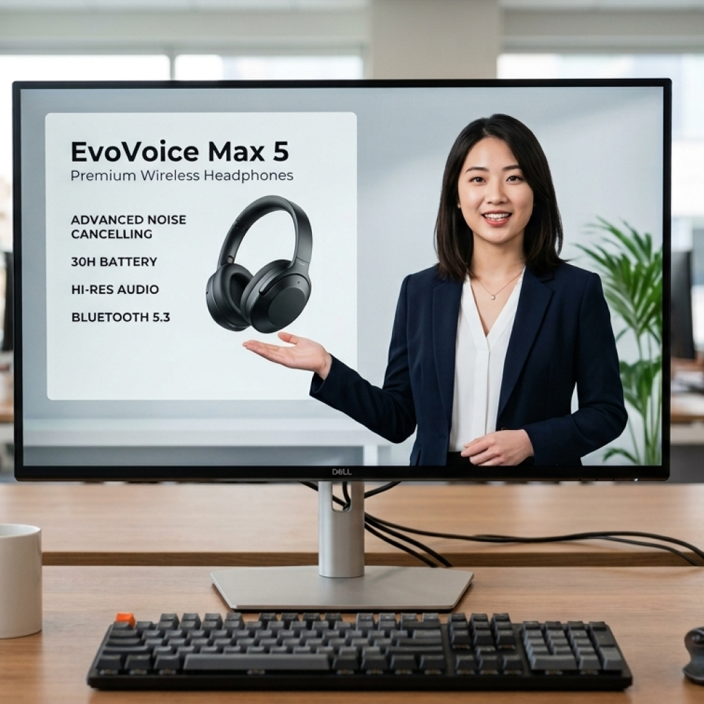 モニターに表示されたAIアバターが商品説明をしている写真