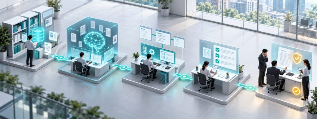 社内ナレッジ参照からAI処理、業務システム操作、検証、人の承認へ進むフロー