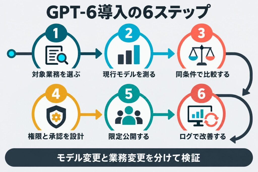 対象業務選定から現行評価、比較、権限設計、限定公開、ログ改善までのGPT-6導入手順
