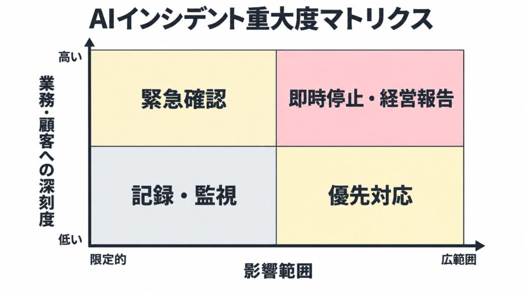 影響範囲と業務への深刻度で判断するAIインシデント重大度マトリクス